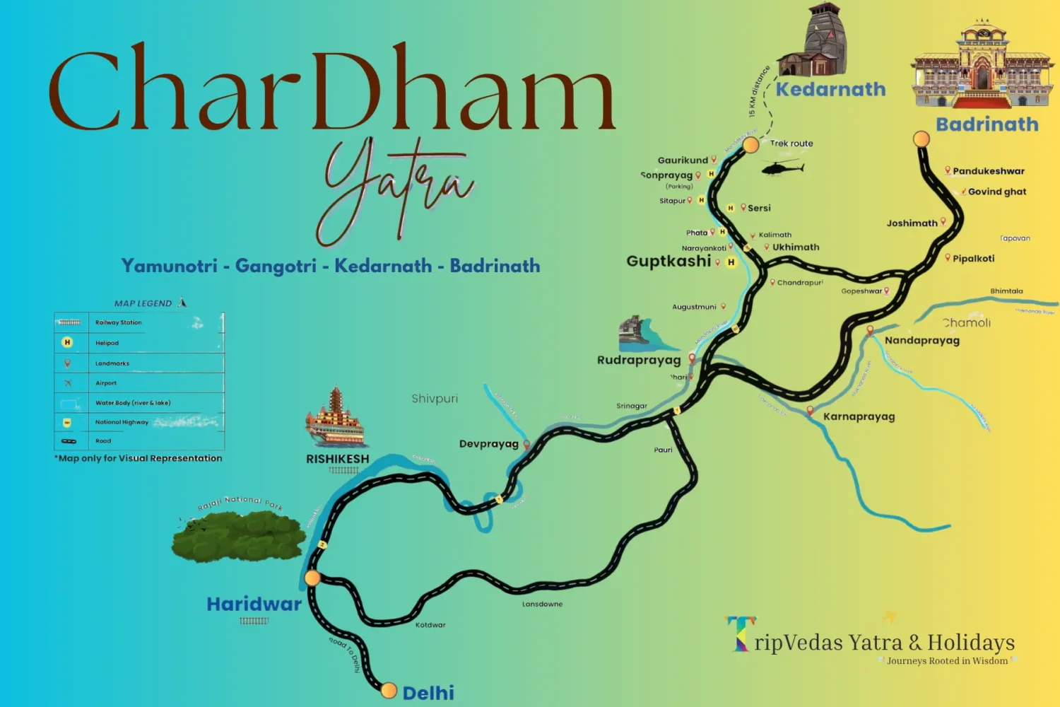 Aerial view of Chardham Yatra destinations including Kedarnath, Badrinath, Gangotri, and Yamunotri, ideal for travelers booking spiritual tours from Delhi with Tripvedas Yatra & Holidays.