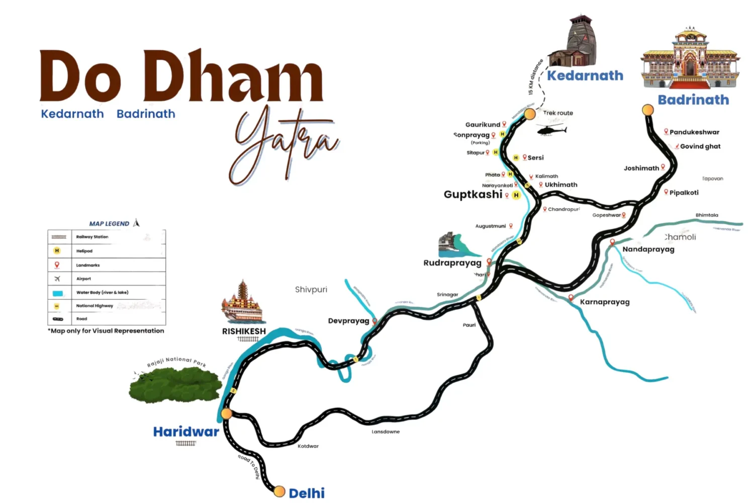 Scenic aerial view of Do Dham Yatra covering Kedarnath and Badrinath, ideal for travelers booking spiritual helicopter tours from Delhi with Tripvedas Yatra & Holidays.