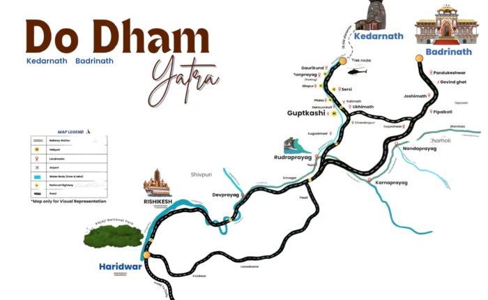 Scenic aerial view of Do Dham Yatra covering Kedarnath and Badrinath, ideal for travelers booking spiritual helicopter tours from Delhi with Tripvedas Yatra & Holidays.