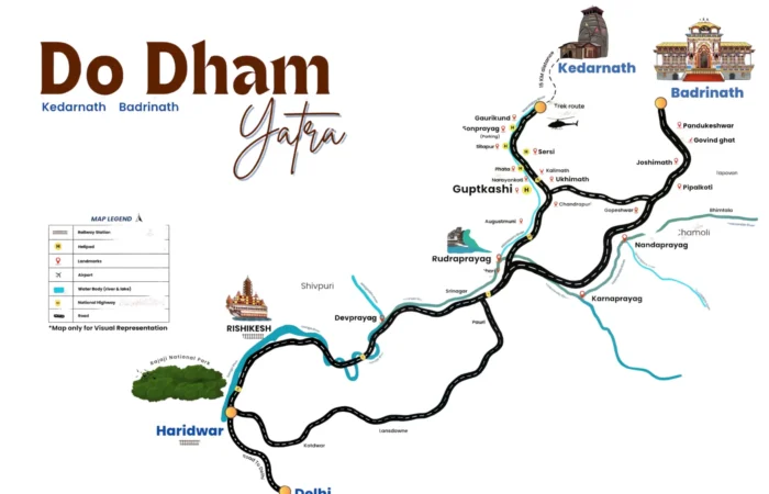 Scenic aerial view of Do Dham Yatra covering Kedarnath and Badrinath, ideal for travelers booking spiritual helicopter tours from Delhi with Tripvedas Yatra & Holidays.