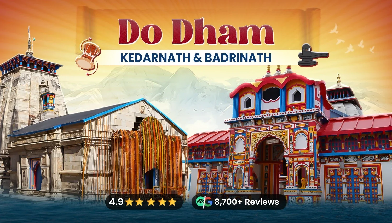 Scenic Do Dham Yatra helicopter tour banner featuring Kedarnath and Badrinath, ideal for travelers booking spiritual tours from Delhi with Tripvedas Yatra & Holidays, India’s trusted travel agency.