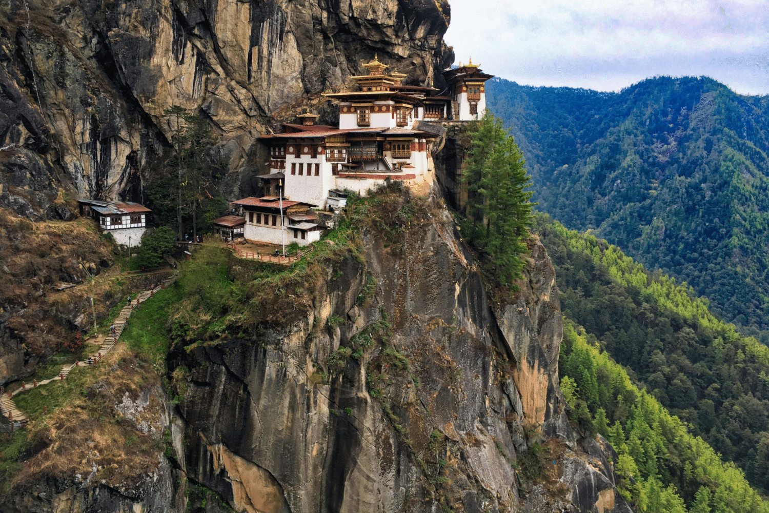 Majestic mountains, monasteries, and serene landscapes of Bhutan, perfect for travelers booking tours from Delhi with Tripvedas Yatra & Holidays, India’s trusted travel agency.