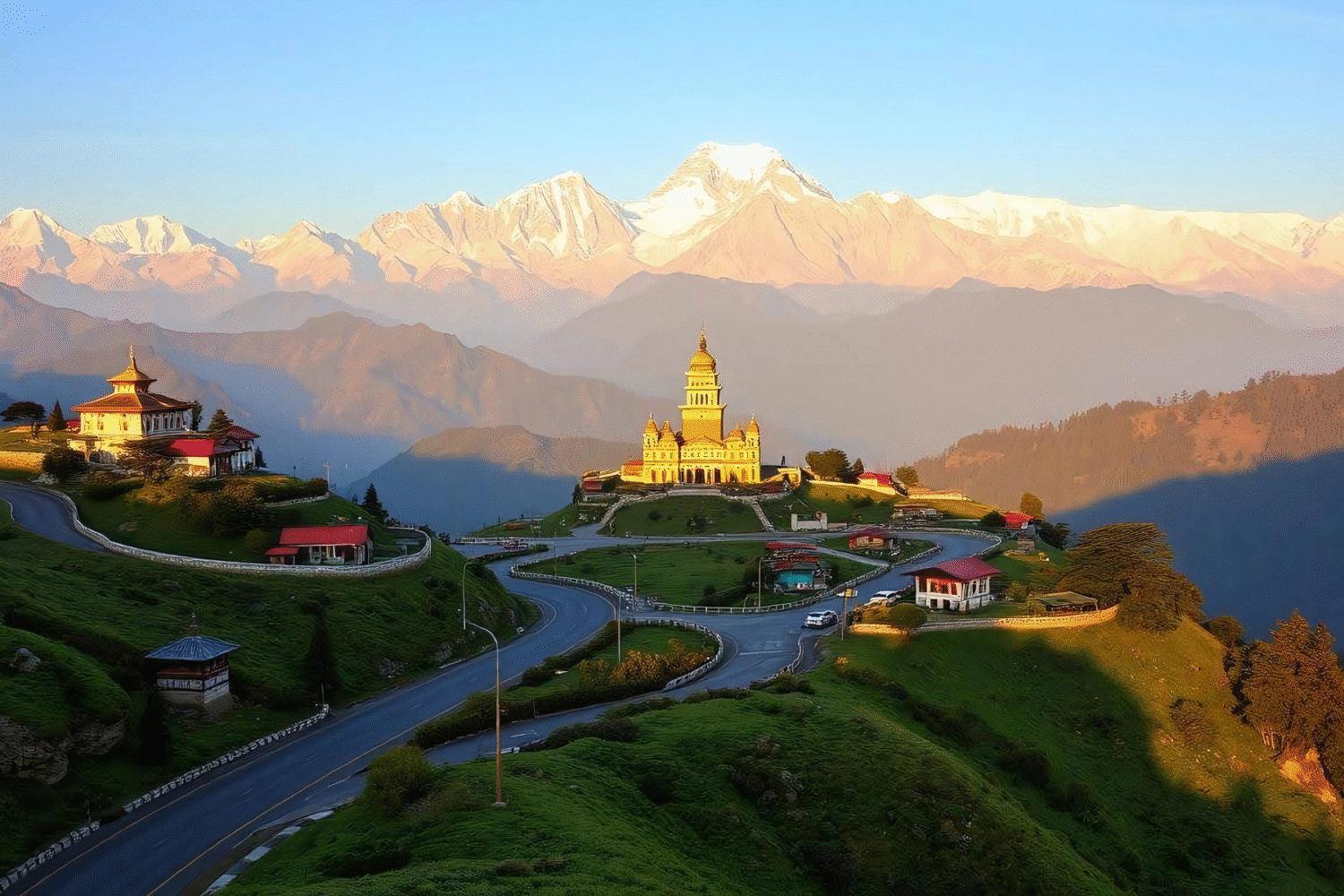 Scenic view of Sikkim highlighting mountains and cultural landmarks, perfect for travelers booking tours from Delhi with Tripvedas Yatra & Holidays, one of the best travel agencies in Delhi and India.