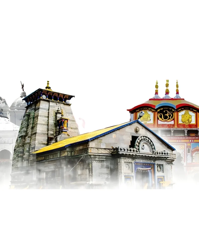 A scenic helicopter view of the Do Dham Yatra route, featuring the holy Kedarnath and Badrinath temples, providing pilgrims a quick, comfortable, and visually stunning spiritual journey from Delhi.