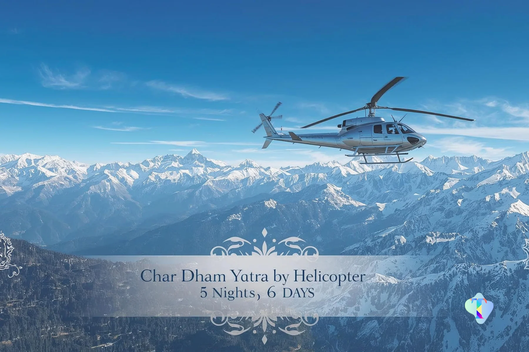 Aerial perspective of the Do Dham Yatra helicopter route, highlighting Kedarnath and Badrinath temples along with the stunning Himalayan landscapes, offering pilgrims a fast, comfortable, and memorable spiritual journey from Delhi.