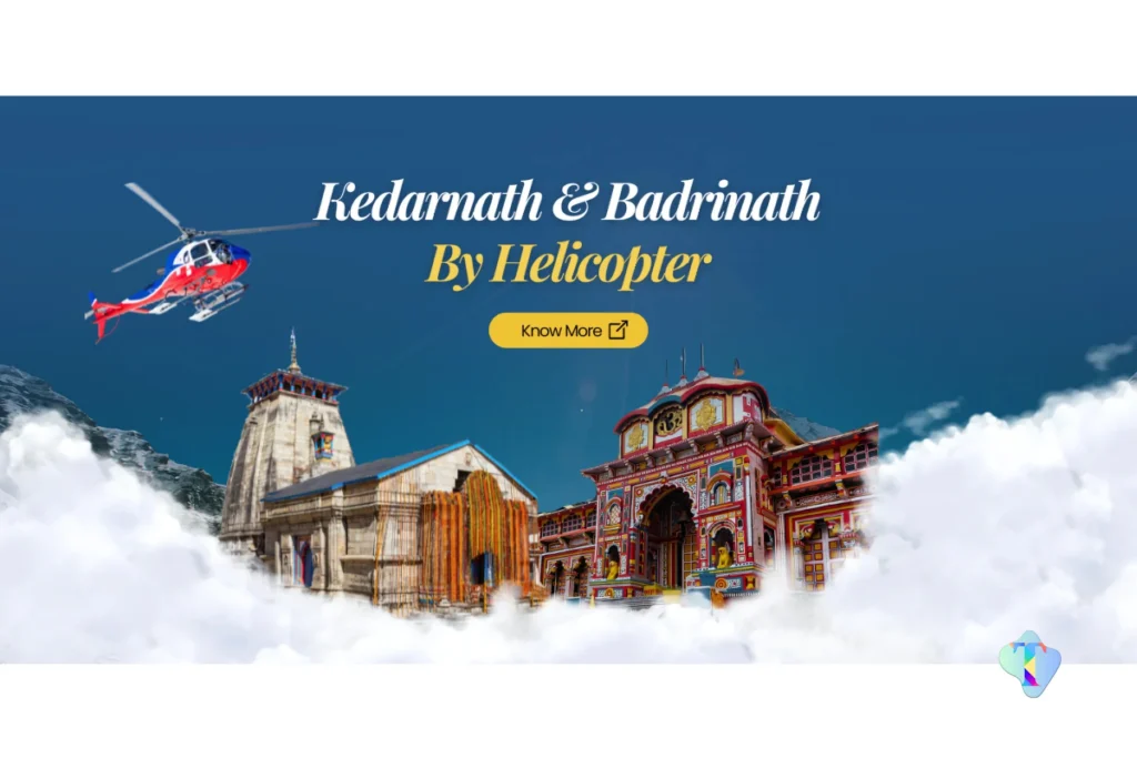 Aerial perspective of the Do Dham Yatra route showcasing Kedarnath and Badrinath temples, providing pilgrims a comfortable, scenic, and time-saving spiritual journey from Delhi.