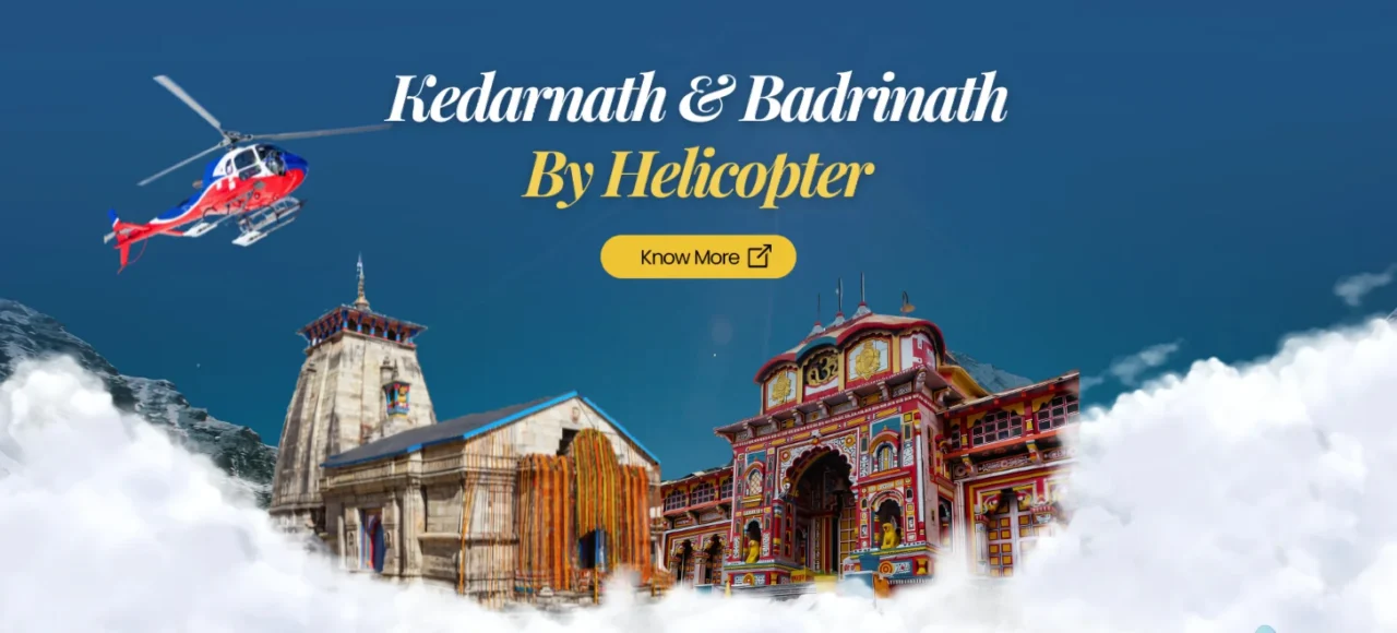 Aerial perspective of the Do Dham Yatra route showcasing Kedarnath and Badrinath temples, providing pilgrims a comfortable, scenic, and time-saving spiritual journey from Delhi.