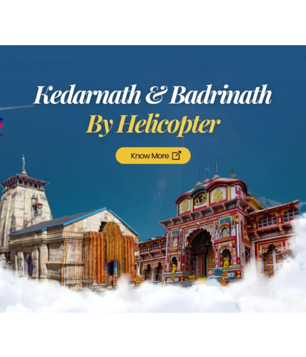 Aerial perspective of the Do Dham Yatra route showcasing Kedarnath and Badrinath temples, providing pilgrims a comfortable, scenic, and time-saving spiritual journey from Delhi.