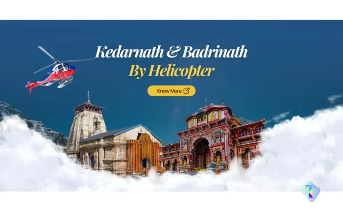Aerial perspective of the Do Dham Yatra route showcasing Kedarnath and Badrinath temples, providing pilgrims a comfortable, scenic, and time-saving spiritual journey from Delhi.