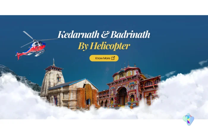 Aerial perspective of the Do Dham Yatra route showcasing Kedarnath and Badrinath temples, providing pilgrims a comfortable, scenic, and time-saving spiritual journey from Delhi.