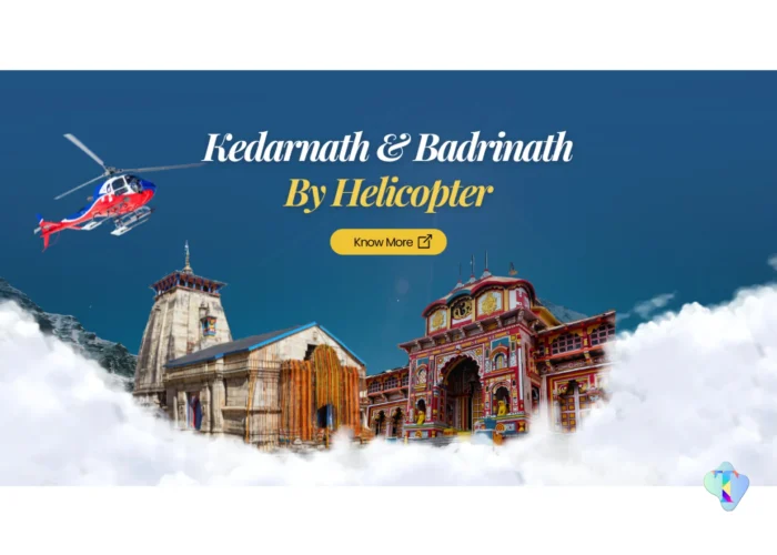 Aerial perspective of the Do Dham Yatra route showcasing Kedarnath and Badrinath temples, providing pilgrims a comfortable, scenic, and time-saving spiritual journey from Delhi.