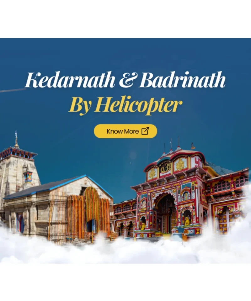 Aerial perspective of the Do Dham Yatra route showcasing Kedarnath and Badrinath temples, providing pilgrims a comfortable, scenic, and time-saving spiritual journey from Delhi.