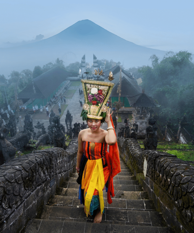 Scenic aerial view of Bali featuring a private villa in Ubud, surrounded by lush landscapes and stunning sunset vistas, capturing the essence of a 4N/5D romantic escape with relaxation, adventure, and tropical beauty.