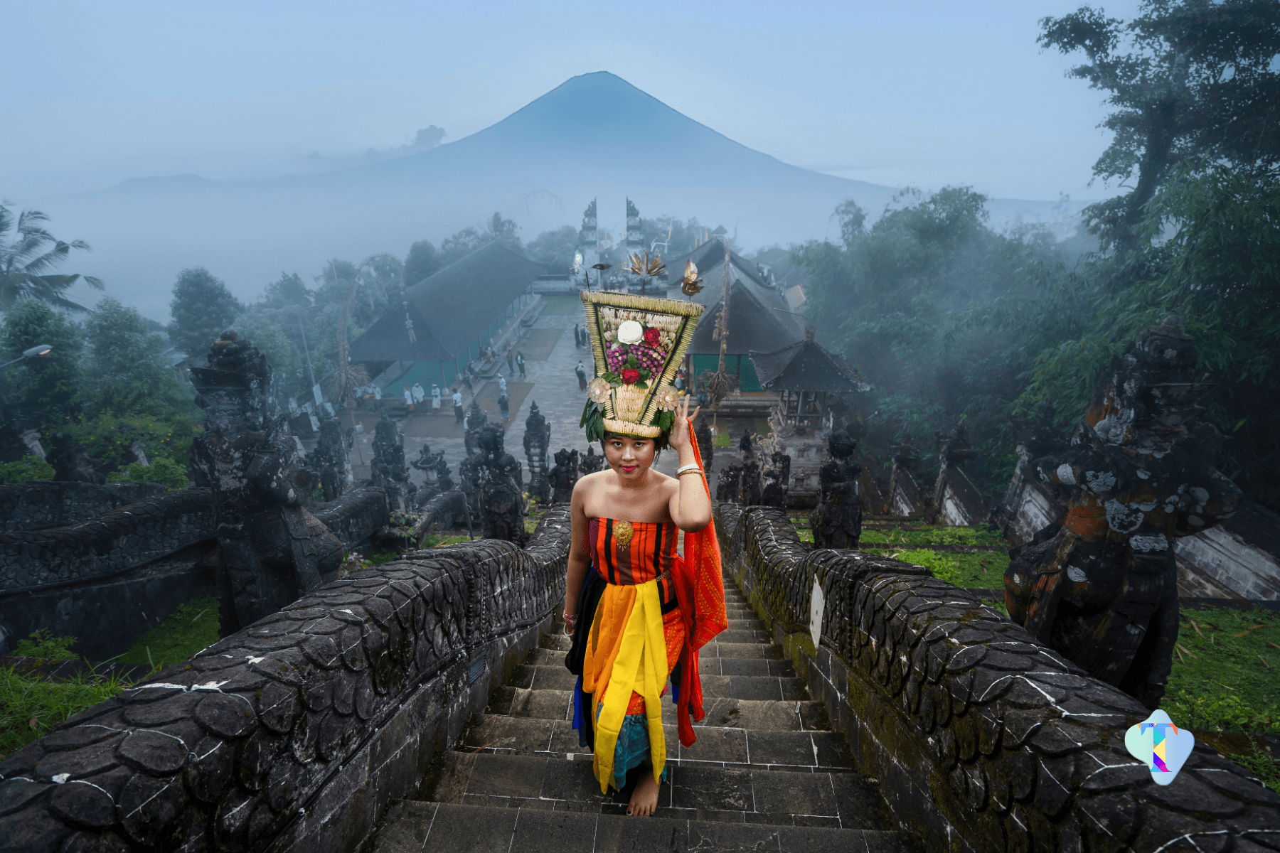 Scenic aerial view of Bali featuring a private villa in Ubud, surrounded by lush landscapes and stunning sunset vistas, capturing the essence of a 4N/5D romantic escape with relaxation, adventure, and tropical beauty.