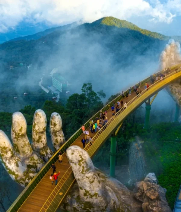 Scenic aerial view of Vietnam’s Ho Chi Minh, Da Nang, Hanoi, and Halong Bay during the 7N/8D tour, showcasing beautiful landscapes, cultural landmarks, and an unforgettable travel experience for tourists.