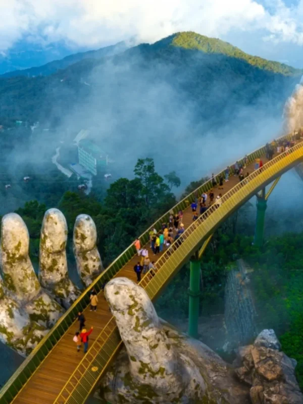 Scenic aerial view of Vietnam’s Ho Chi Minh, Da Nang, Hanoi, and Halong Bay during the 7N/8D tour, showcasing beautiful landscapes, cultural landmarks, and an unforgettable travel experience for tourists.