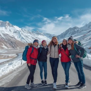 Cart 1 5-6 young women travelers on a winter road trip to Spiti Valley from Delhi, India, enjoying snow-covered Himalayan mountains, backpacks, and a joyful adventure.