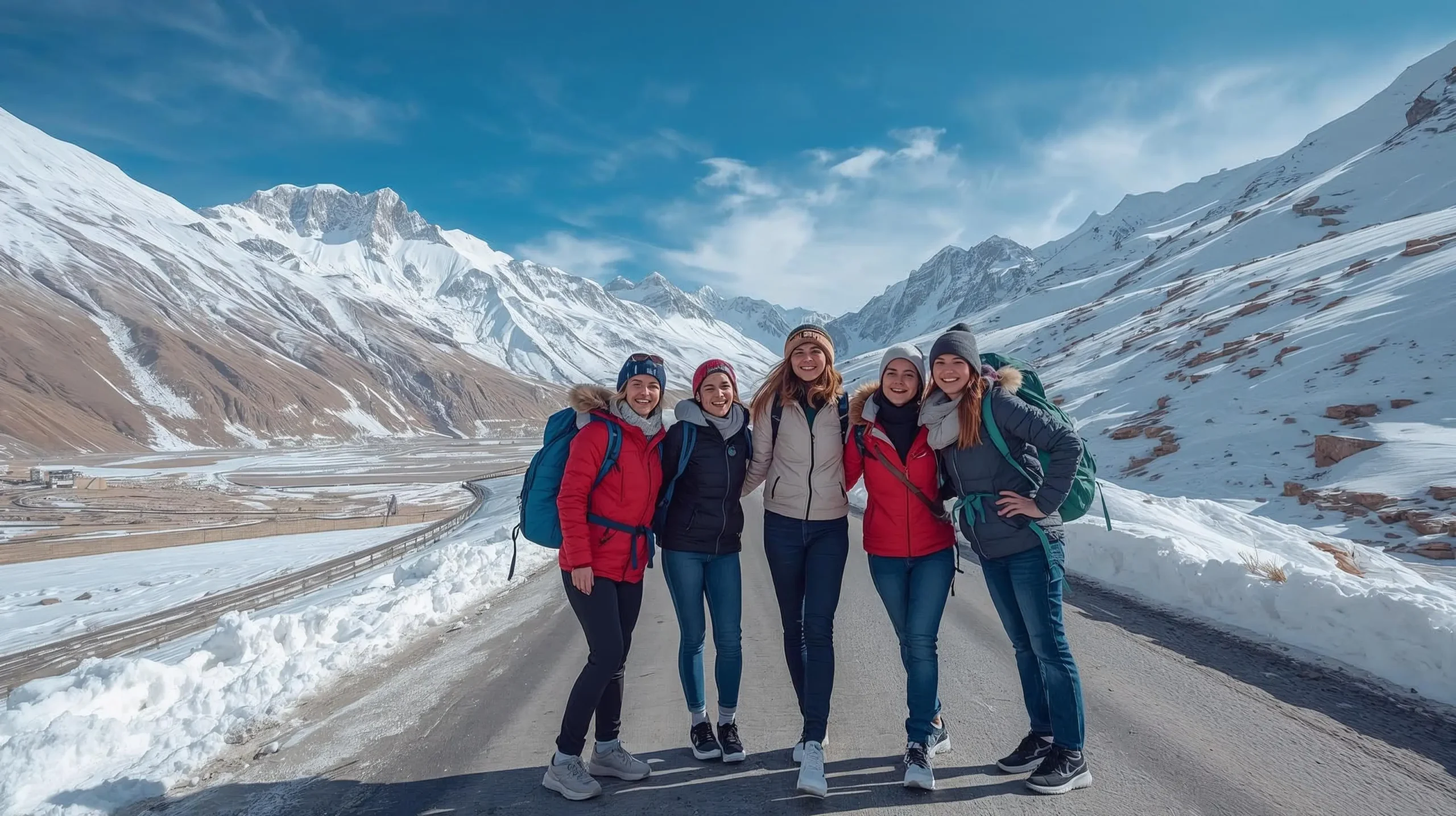 5-6 young women travelers on a winter road trip to Spiti Valley from Delhi, India, enjoying snow-covered Himalayan mountains, backpacks, and a joyful adventure.