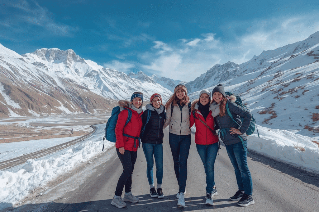 Women bikers on the all-girls winter expedition to Spiti Valley with Tripvedas Yatra and Holidays, exploring snow deserts, monasteries, and high-altitude villages