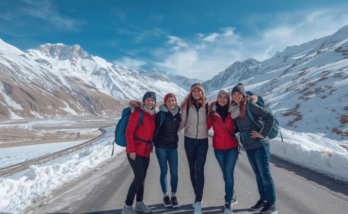Women bikers on the all-girls winter expedition to Spiti Valley with Tripvedas Yatra and Holidays, exploring snow deserts, monasteries, and high-altitude villages