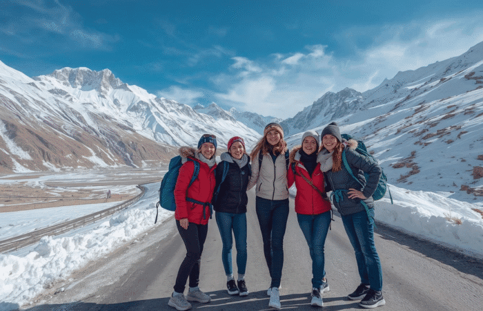 Women bikers on the all-girls winter expedition to Spiti Valley with Tripvedas Yatra and Holidays, exploring snow deserts, monasteries, and high-altitude villages