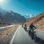 Breathtaking view of Spiti Valley during the Delhi – Jibhi – Chitkul – Kalpa – Dhankar – Kaza – Chandratal – Manali – Delhi bike and backpacking trip, featuring rugged mountains, winding roads, and adventurous travelers, organized by Tripvedas Yatra & Holidays, one of the best travel agencies in Delhi and India.