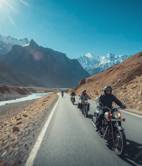 Breathtaking view of Spiti Valley during the Delhi – Jibhi – Chitkul – Kalpa – Dhankar – Kaza – Chandratal – Manali – Delhi bike and backpacking trip, featuring rugged mountains, winding roads, and adventurous travelers, organized by Tripvedas Yatra & Holidays, one of the best travel agencies in Delhi and India.