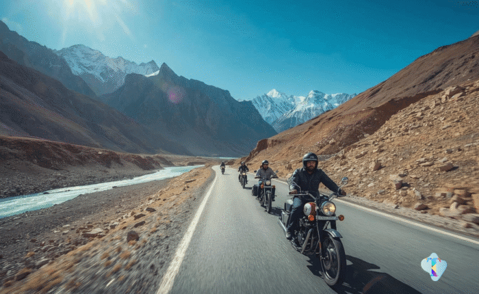 Breathtaking view of Spiti Valley during the Delhi – Jibhi – Chitkul – Kalpa – Dhankar – Kaza – Chandratal – Manali – Delhi bike and backpacking trip, featuring rugged mountains, winding roads, and adventurous travelers, organized by Tripvedas Yatra & Holidays, one of the best travel agencies in Delhi and India.