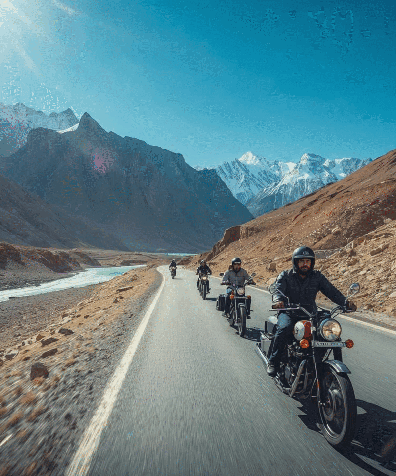 Breathtaking view of Spiti Valley during the Delhi – Jibhi – Chitkul – Kalpa – Dhankar – Kaza – Chandratal – Manali – Delhi bike and backpacking trip, featuring rugged mountains, winding roads, and adventurous travelers, organized by Tripvedas Yatra & Holidays, one of the best travel agencies in Delhi and India.