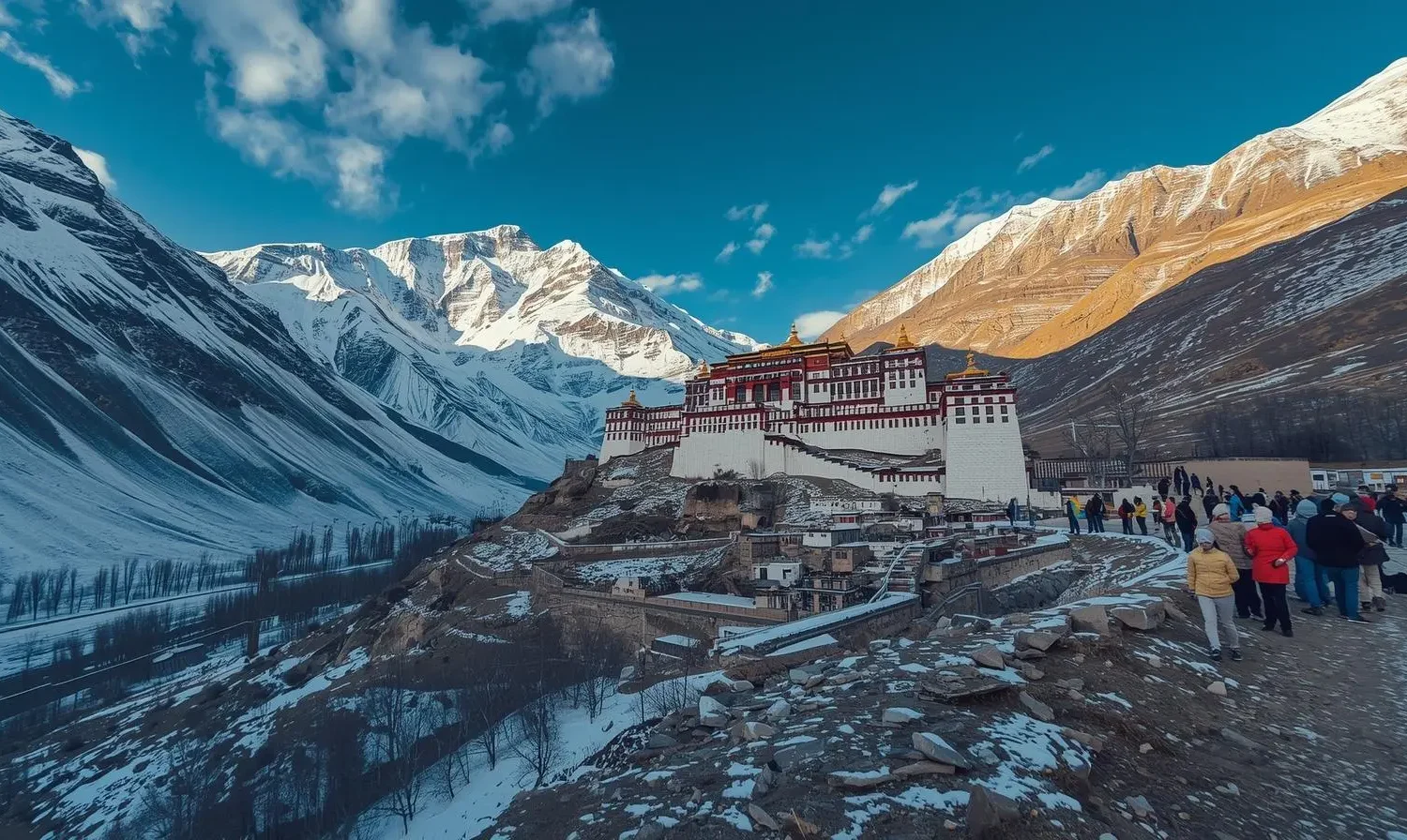 Ancient Key Monastery in Spiti Valley surrounded by mountains during winter, with tourists exploring a serene and vibrant spiritual atmosphere, ideal for travelers booking tours from Delhi with Tripvedas Yatra & Holidays, one of the best travel agencies in Delhi and India.